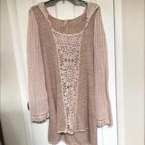 Free People Blush Pink Hooded Open Crochet-Front Hooded Sweater